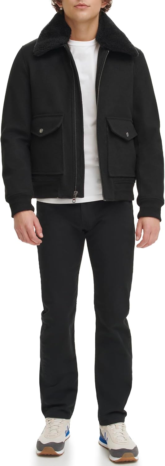 Tommy Hilfiger Men's Tommy Hilfiger Men's Wool Blend Bomber Jacket With Faux Fur Collar