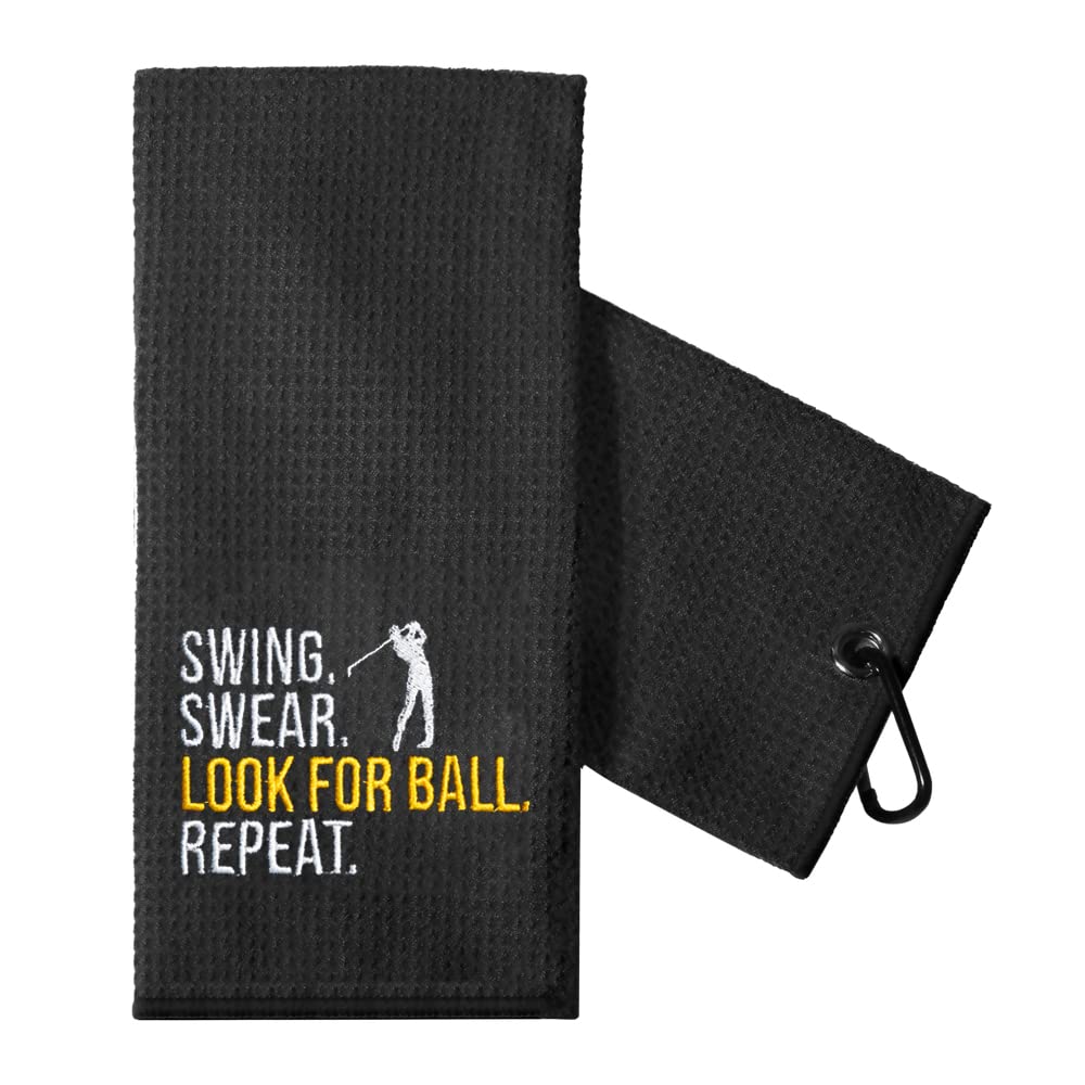 TOUNER Funny Golf Towel Gift for Dad, Retirement Gifts for Men Golfer, Funny Golf Towel for Men, Embroidered Golf Towels for Golf Bags with Clip (Swing Swear Look for Ball Repeat)