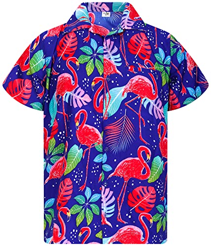 Mens Funky-Flamingo-Flowers Short-Sleeve Hawaiian-Shirt Novelty Summer-Vibes Aloha