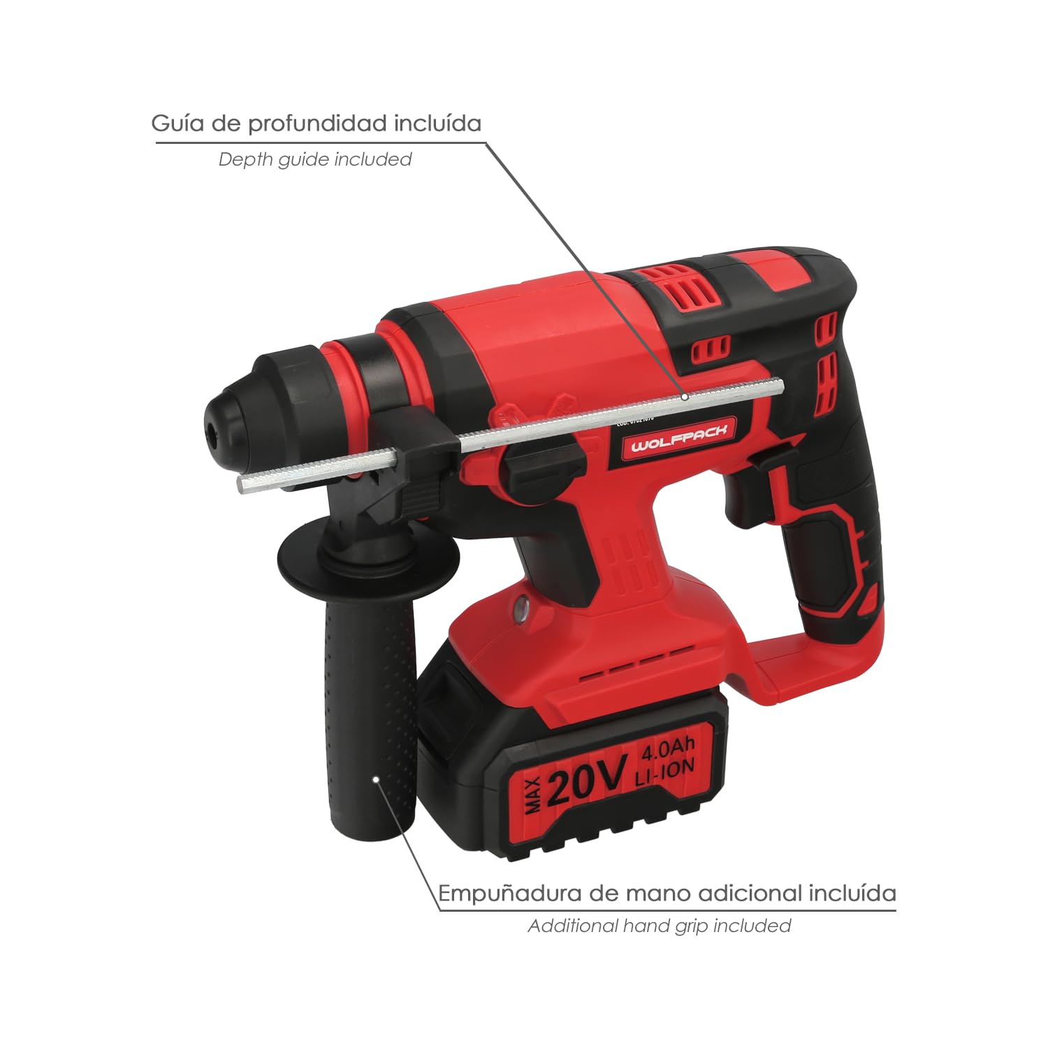 WOLFPACK LINEA PROFESIONAL Młot SDS PLUS do akumulatora 20 Volt. Z akumulatorem 4,0 Ah. 1400 obr./min. 3 funkcje dłutowania, wiercenia i wiercenia młotkiem