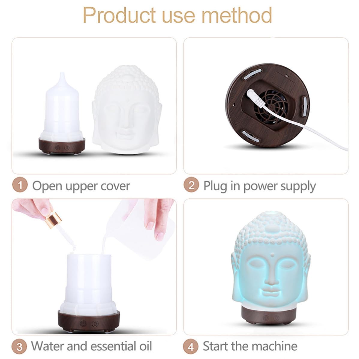 Diffusore Aromaterapia Buddha in Ceramica Bianca, Ac220 10w, Umidificatore | Capacità Sotto 1l, Uso Silenzioso e Portatile, Living Room e Office Desk