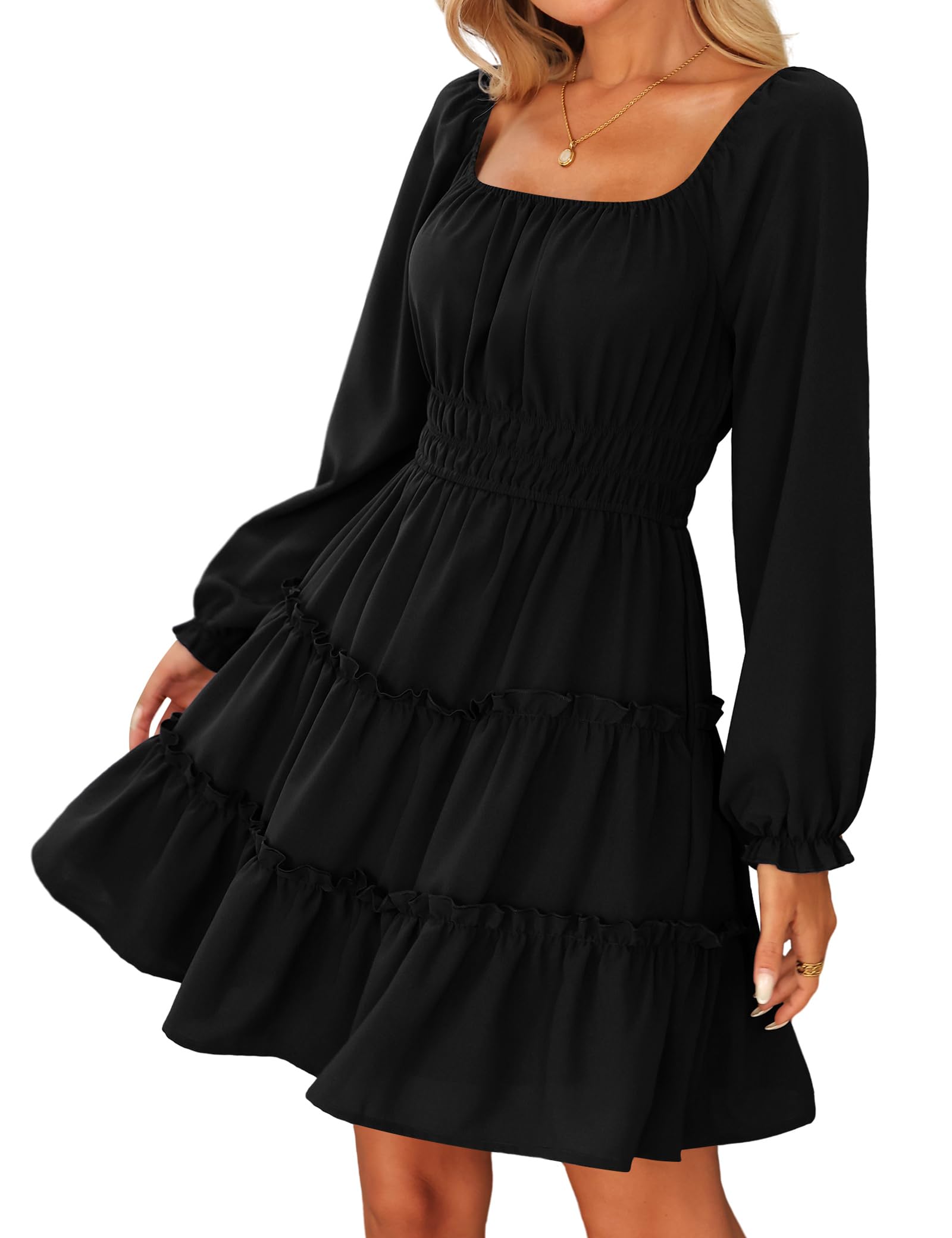 Beluring Kleider Damen Elegant Eckiger Ausschnitt Minikleid Langarm A-Linien Swing Blusenkleid mit Taschen