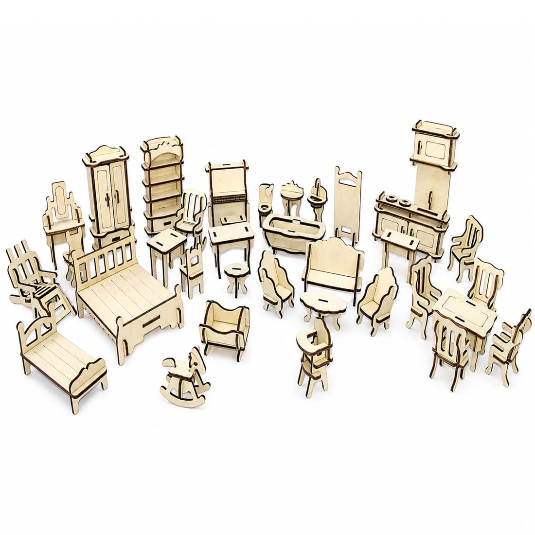 HIYAHB 34 Piece Wooden Dollhouse Furniture Kit, Miniature DIY Doll House Furniture Set, Laser Cut Wooden Puzzle Toys, Pretend Play Room Decor, Craft Model Kit for Kids, Miniature Room Accessories