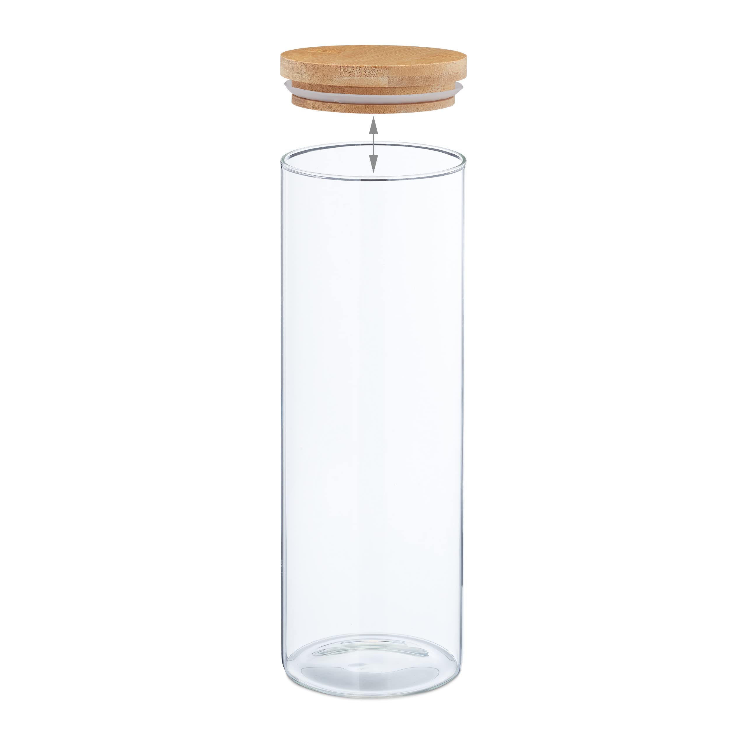 Relaxdays Botes Cristal 1600 ml, Set 4, Recipientes Cocina Grandes, Tapa Bambú, Tarros Herméticos, Transparente/Natural