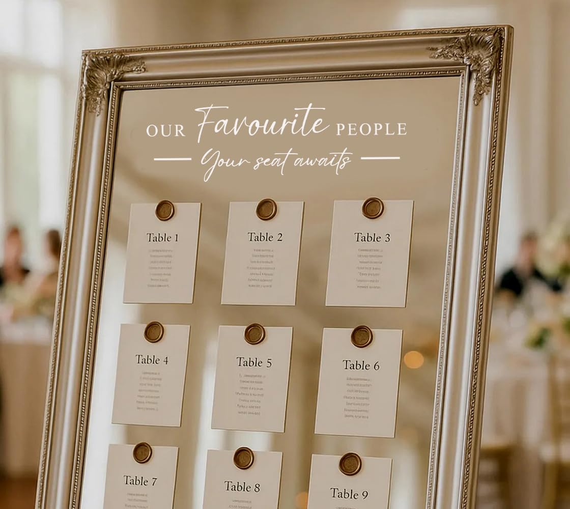 Wedding Seating Plan Mirror Decal Sticker – Our Favourite People Your seat Awaits Mirror Sticker – Elegant Wedding Signage FBA (White, W50xH15cm)