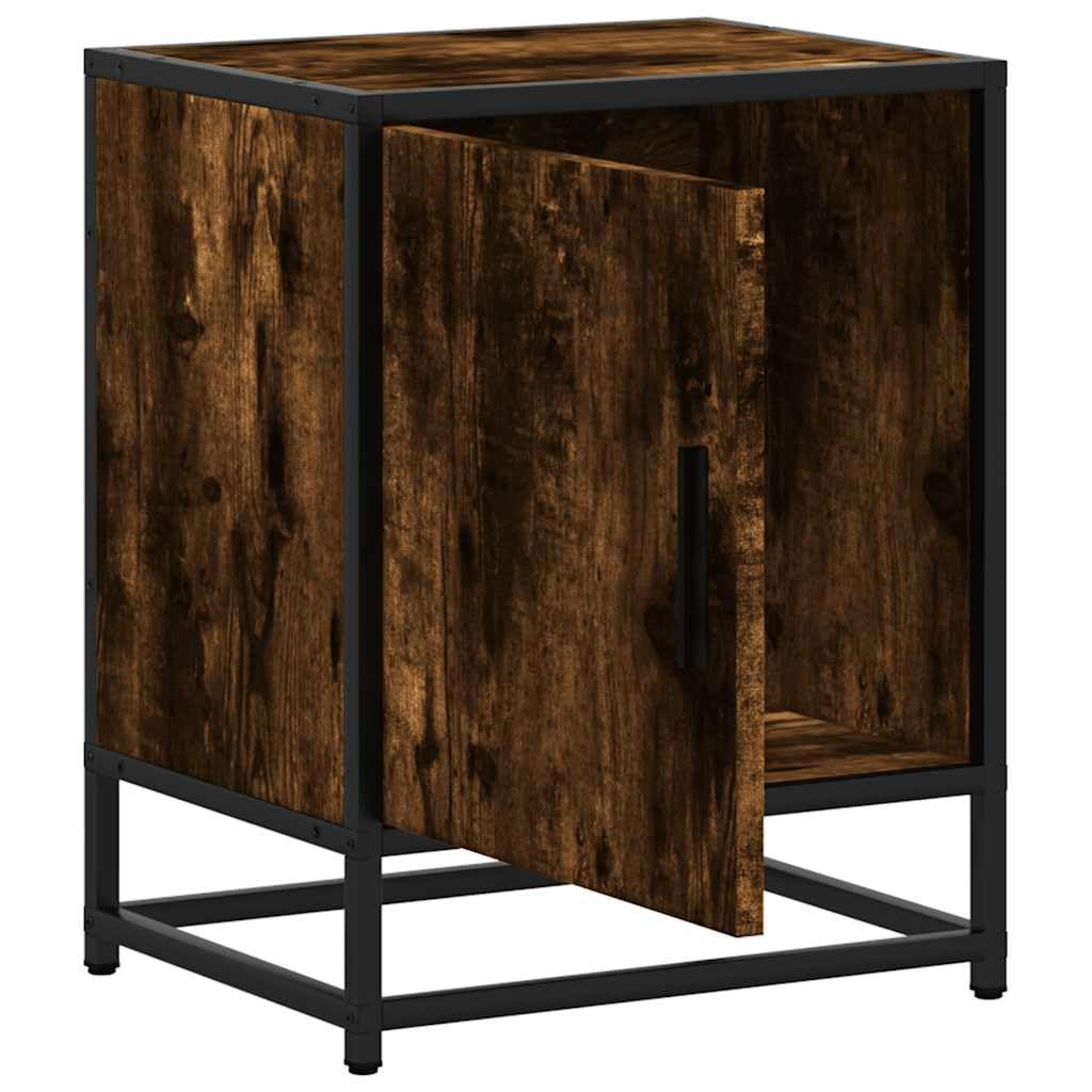 Fengshui Nachttisch Räuchereiche 40x31x50 cm Holzwerkstoff Metall | Stabile Oberplatte, praktische Tür, reichlich Stauraum, inklusive Wandhalterung