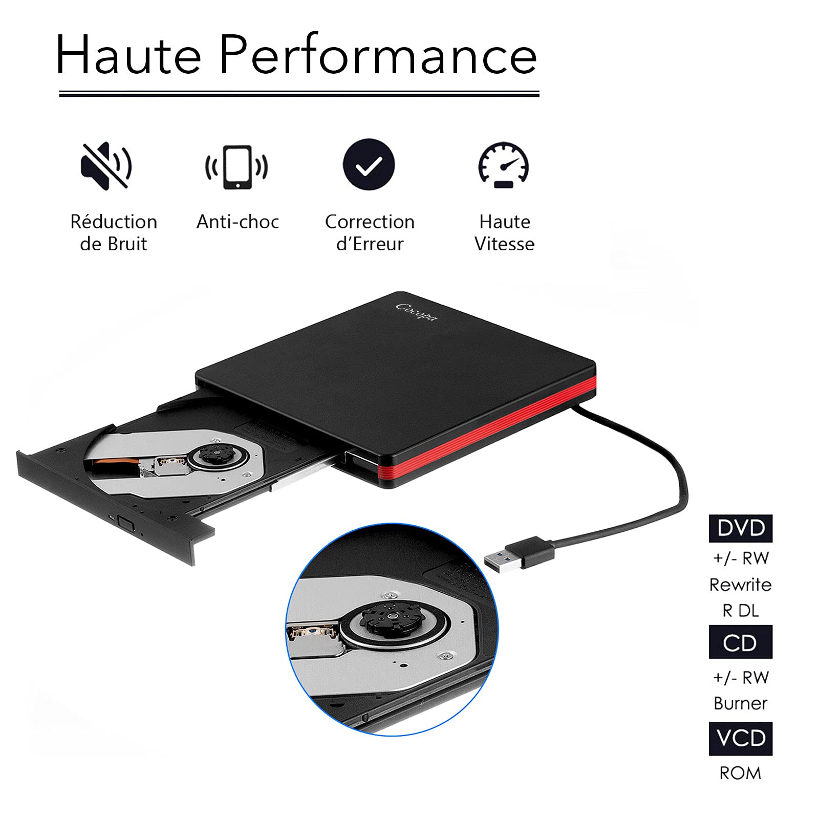 Cocopa Lecteur DVD Externe, USB 3.0 Graveur Enregistreur Portable CD Rom +/-RW Mince Player Transmission Rapide Câble USB Intégrée Win7 10 Mac Os Apple iMac Macbook Laptop PC
