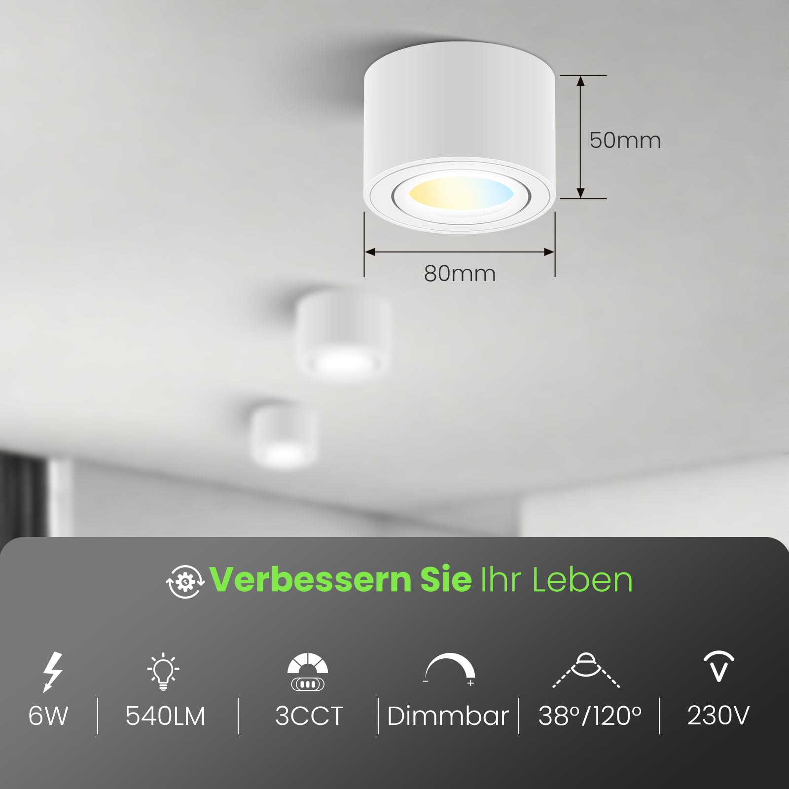 ALUSSO LED Aufbauspot Weiß, 6W 540LM Dimmbar, 3er-Pack 3CCT Deckenspots