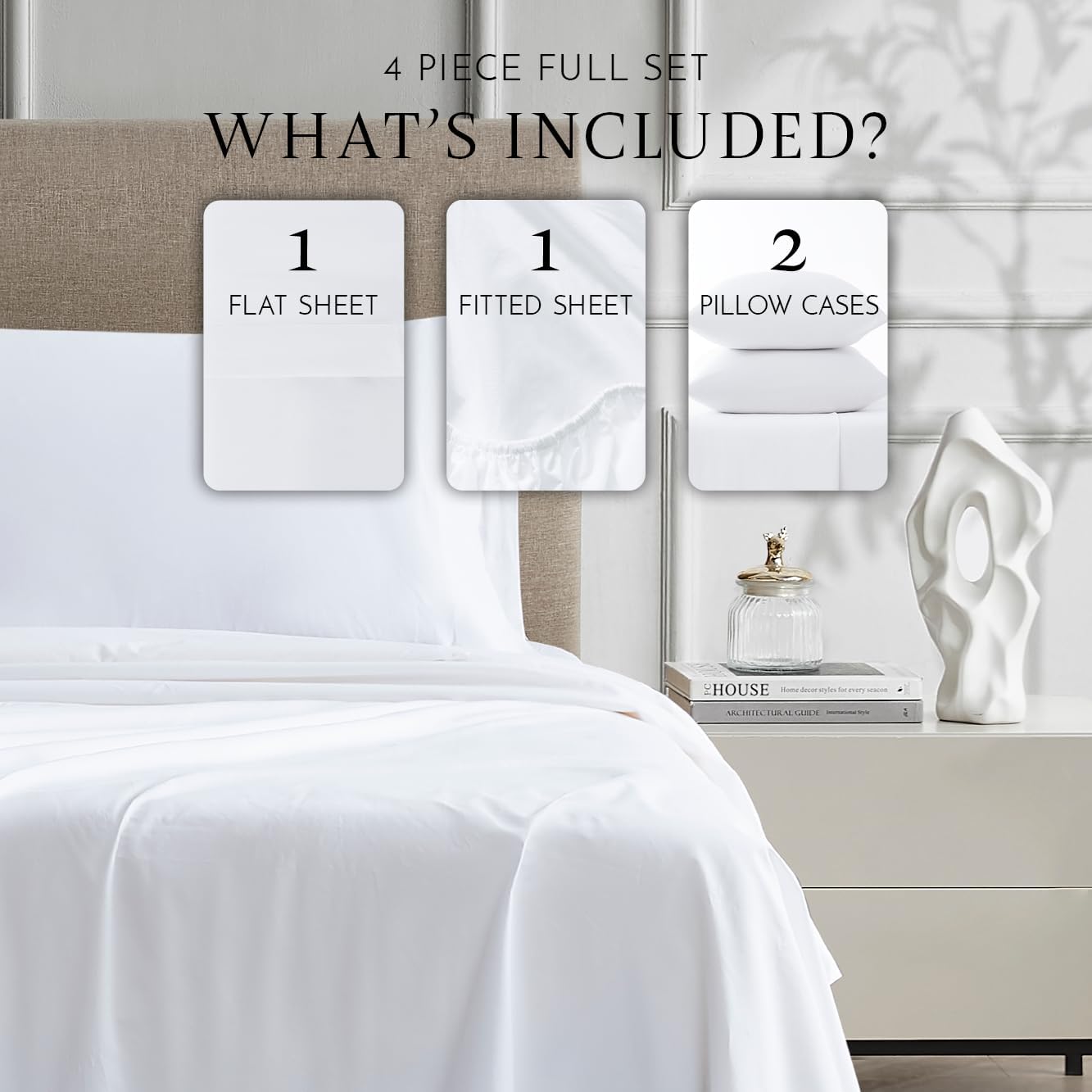 Linen Closet 100% Cotton Full Size, White – 4-Piece Sheet Set, Cool & Crisp Percale, Lightweight & Comfortable Bed Set, Deep Pocket (Fits up to 17"), Softens with Every Wash, Arctic White