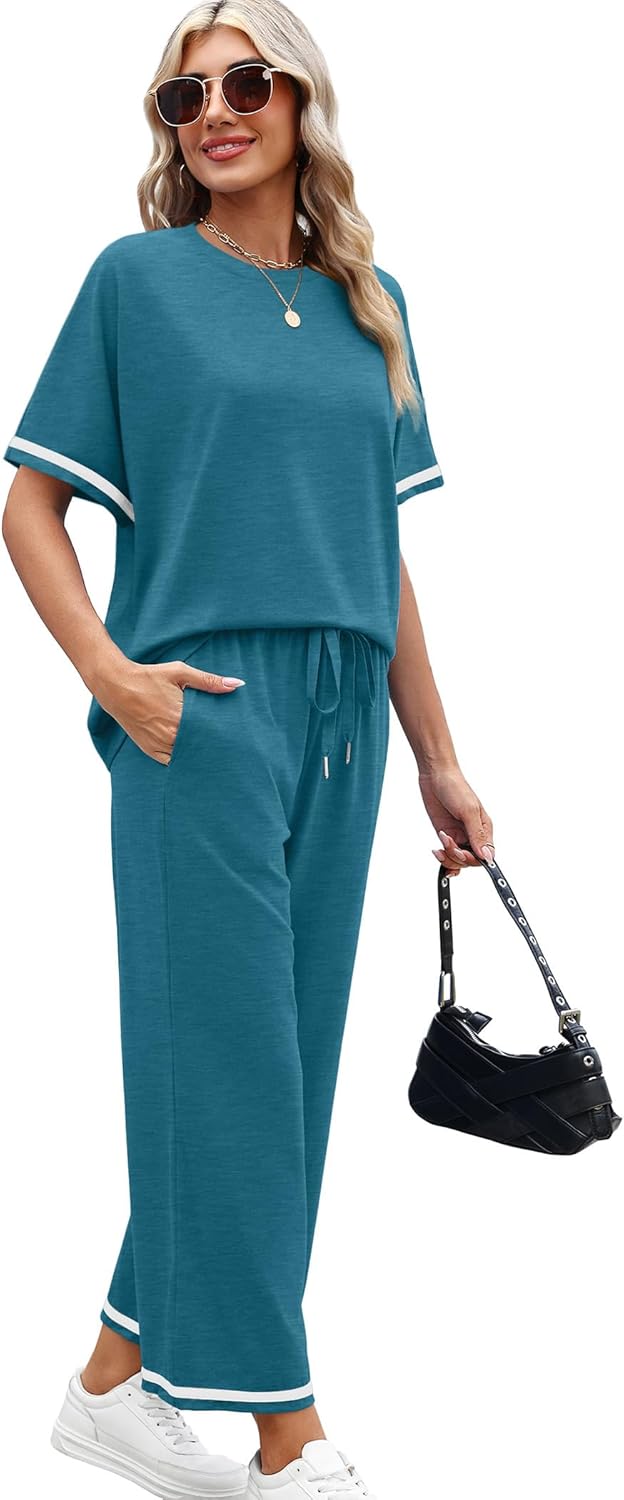 SAMPEEL 2 Piece Sets for Women Casual Summer Travel Vacation Outfits Short Sleeve Lounge Set - Image 3