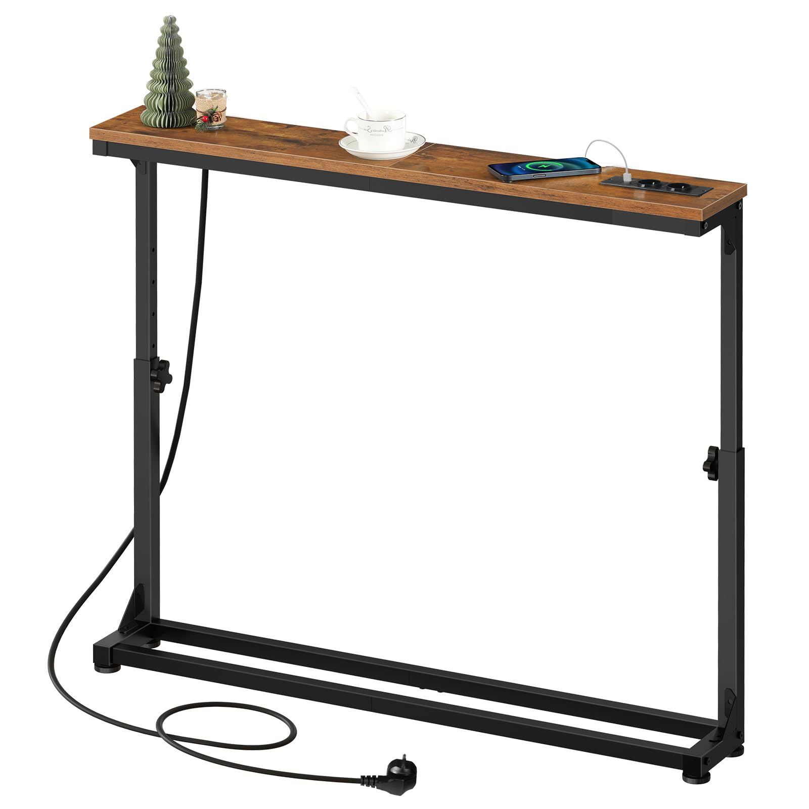 HOOBRO Schmaler Konsolentisch (15 cm breit), höhenverstellbar (63,5-83,5 cm), Sofatisch mit Ladestation, Beistelltisch, Flurtisch für den Eingangsbereich, Flur, Vintagebraun und Schwarz EBF95CXG01