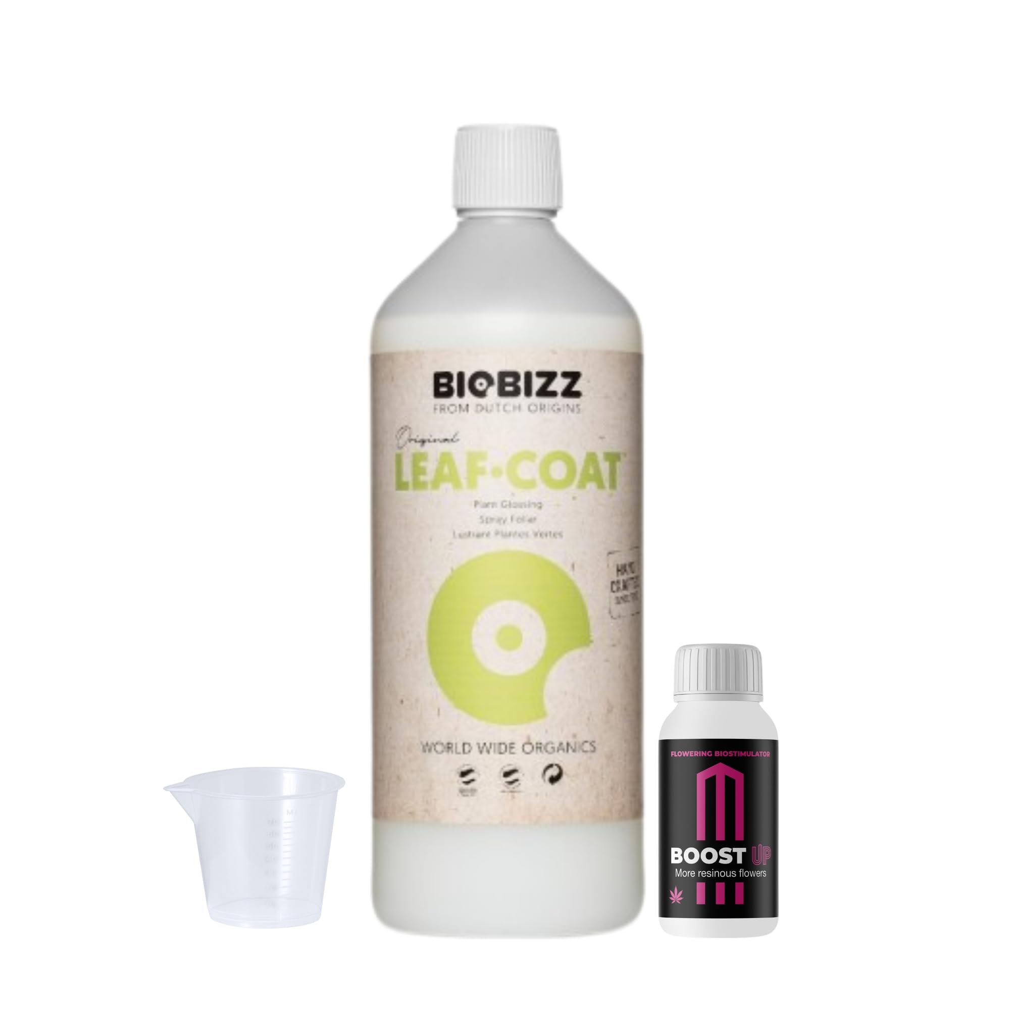 GROWMANIA Leaf Coat de BioBizz 1 l + échantillon Boost Up Nutrients + Verre doseur | Revêtement foliaire naturel | Renforce les plantes dans les jardins et les jardins moyens