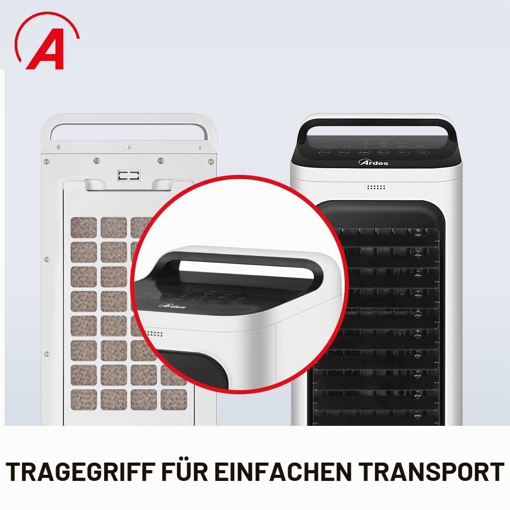 ARDES - ARCF02 Kühl- und Wärmezirkulator TAO mit Fernbedienung, Touch Controls und Display - 3-stufiger Verdunstungskühler mit Lamellenoszillation und Staubfilter - Transportierbar