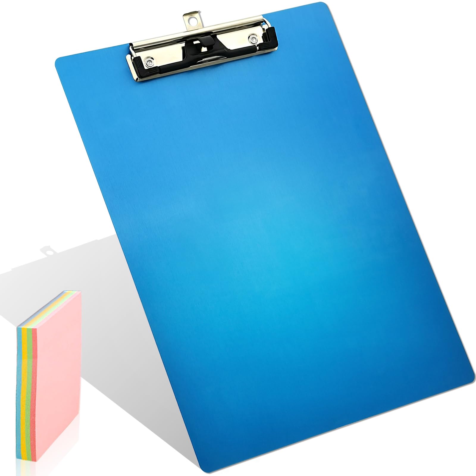 Aluminum Metal Clipboard Stainless Hangable Pen Holder Low-Profile Clip Board Size A4 9" x 12.6" with Sticky Note for School Office Business Medical Professionals Workshop Factory (Blue, Aluminum-A4)