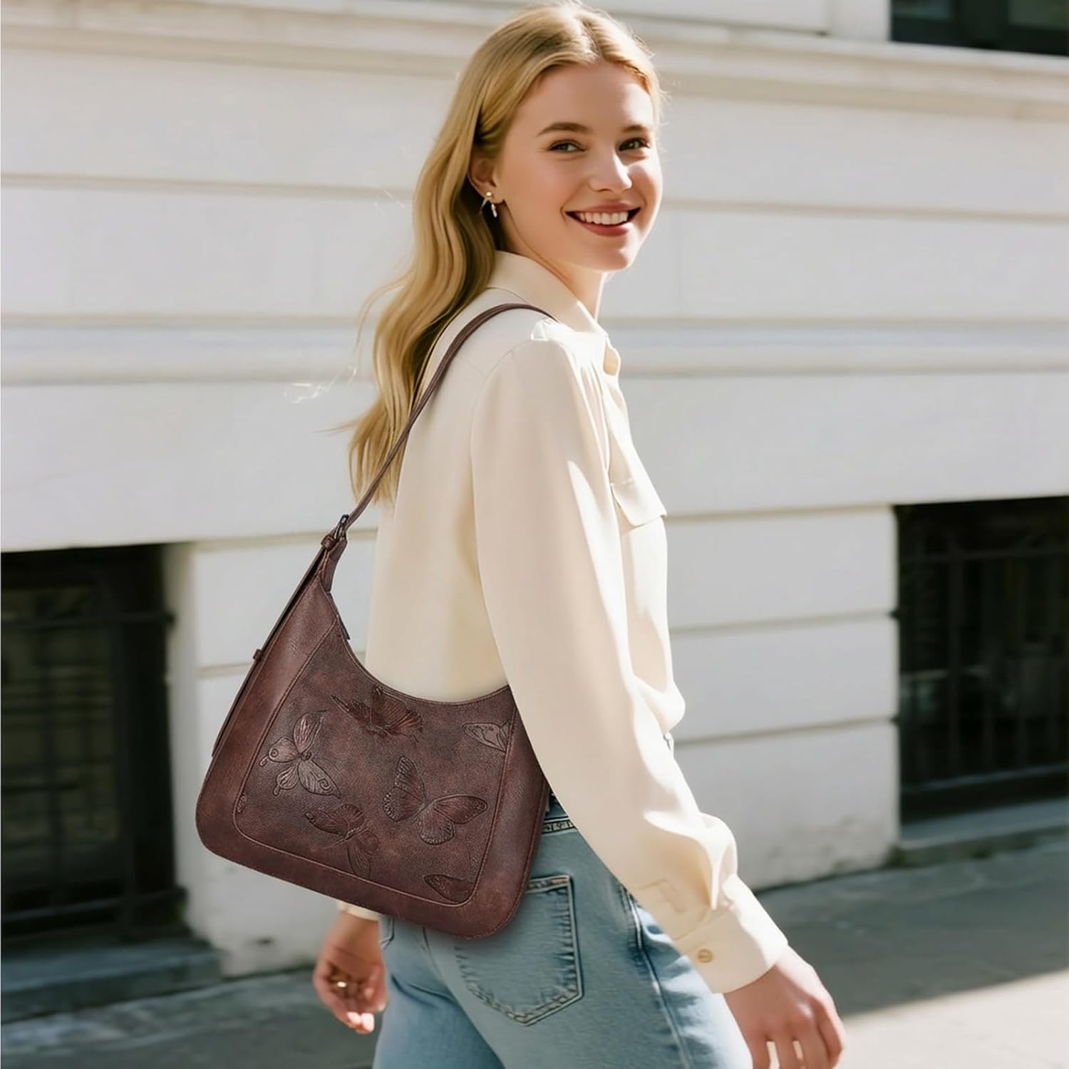 BELTANA Small Shoulder Bag for Women, Butterfly Vegan Leather Hobo Purse with Top Handle, Trendy Underarm Handbag for Daily | Smooth Zipper, Adjustable Strap, Gifts for Women, Crescent Bag