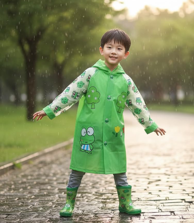 Image of FashionIO Hooded Raincoat for Kids with Wide /Inflated Brim Solid PVC Student Kids Raincoat with School Bag Rain Cover Cartoon Print Raincoats