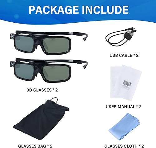 Miniatura 7 de Gafas 3D, gafas recargables con obturador activo para proyectores DLP-Link 3D Cocar Toumei, paquete de 2