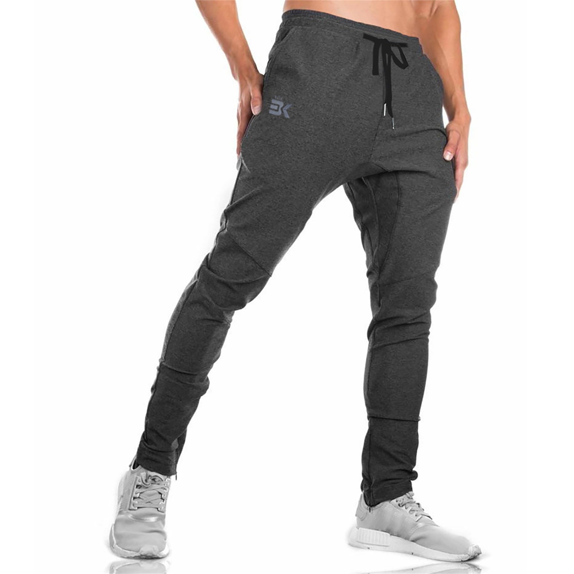 BROKIG Pantaloni sportivi da jogging da uomo a doppia tasca, pantaloni fitness con zip e stretch, per uomo, pantaloni in cotone, grigio, M
