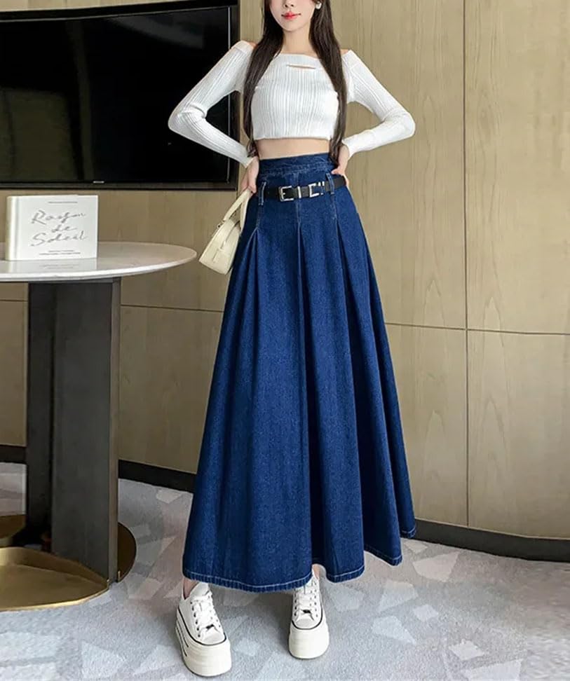 Women Summer High-Waisted Denim Skirt Medium-Length A- Line Umbrella Skirt3