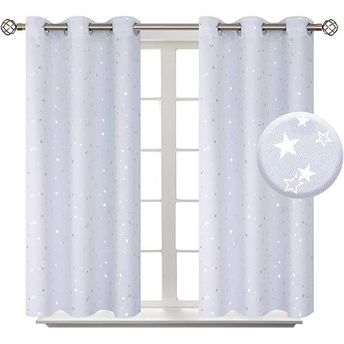 BGment Kids Room Curtains for Bedroom - Grommet Thermal Insulated Silver Star Print Room Darkening Curtains for Living Room, Set of 2 Panels, 38 x 45 Inch, Greyish White