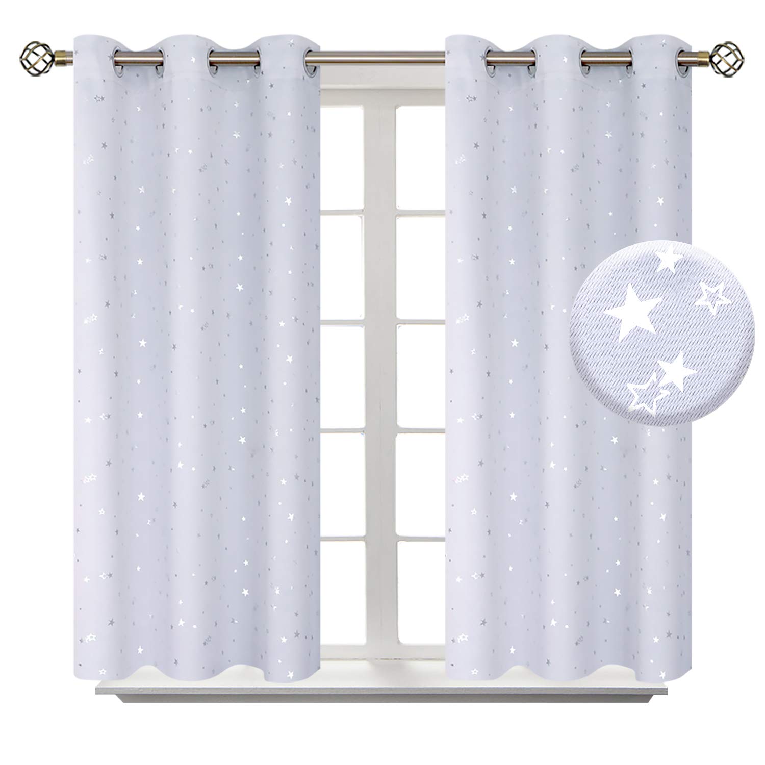 BGment Kids Room Curtains for Bedroom - Grommet Thermal Insulated Silver Star Print Room Darkening Curtains for Living Room, Set of 2 Panels, 38 x 45 Inch, Greyish White