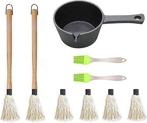 Miniatura 1 de Juego de cepillo para mopa y olla de hierro fundido, paquete 11 en 1 incluye 2 piezas de mango largo de madera, 6 cabezales de cepillo, 1 sartén de