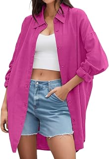 Xbemkste Blouses Women's Cotton Shirt Button Down Casual Long Sleeve Loose Fit Collar Work Blouse Linen with Pocket T-Shirt Women Ladies T-Shirt