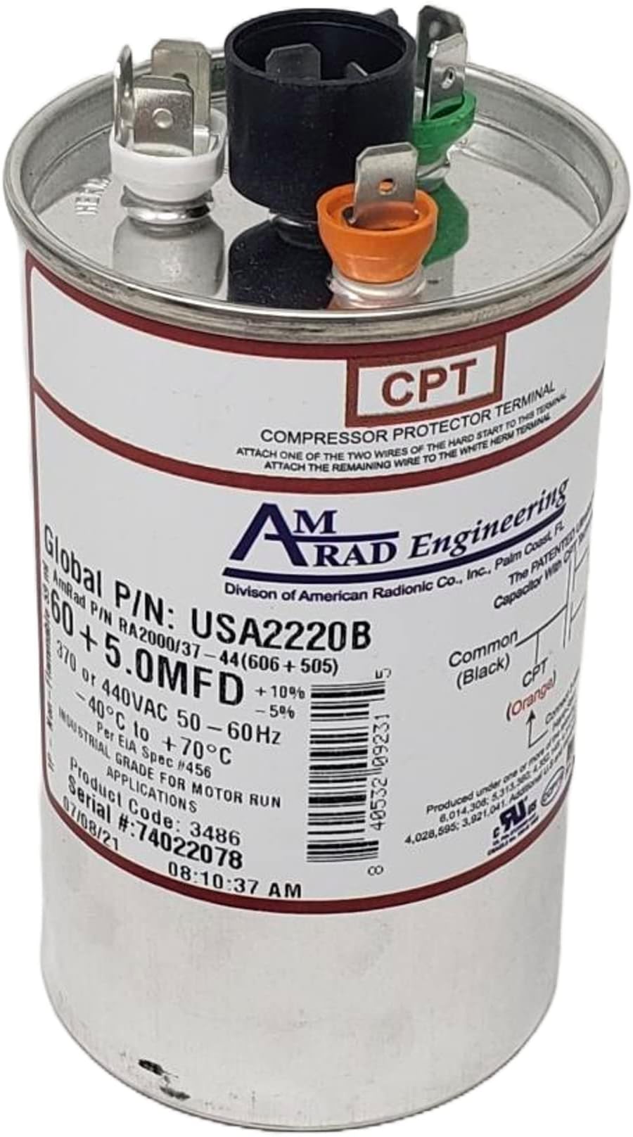 60 + 5 uf/Mfd Round Dual Universal Capacitor Replacement Amrad USA2220B Replacement - Used for 370 or 440 VAC, Made in The U.S.A.