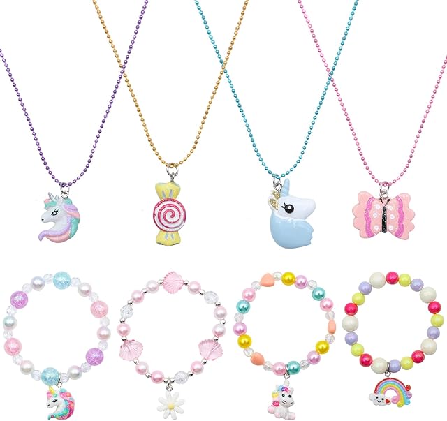VEGCOO 8 Pcs Kids Jewellery Set for Girls, Girls Unicorn Bracelets and Necklaces Princess Dress Up Jewellery for Girls, Cute Toddler Kids Necklace Bracelet, Party Bag Stocking Fillers for Girls