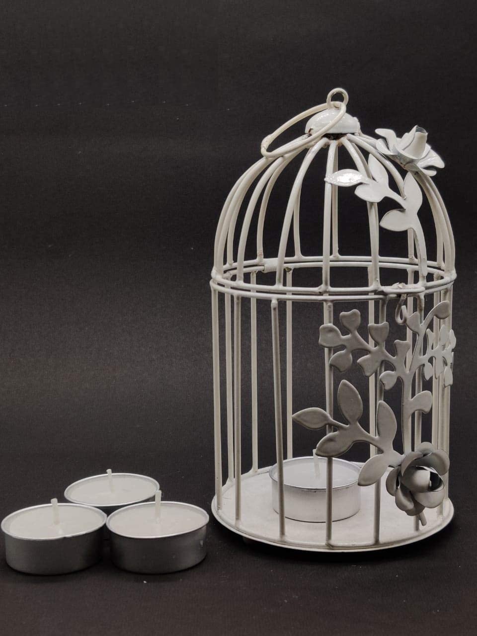 Parin Divisha Golden Cage Metal Iron Bird Cage Tea Light Holder with Flower Vine for Home Décor (Pack of 1, White House) 1