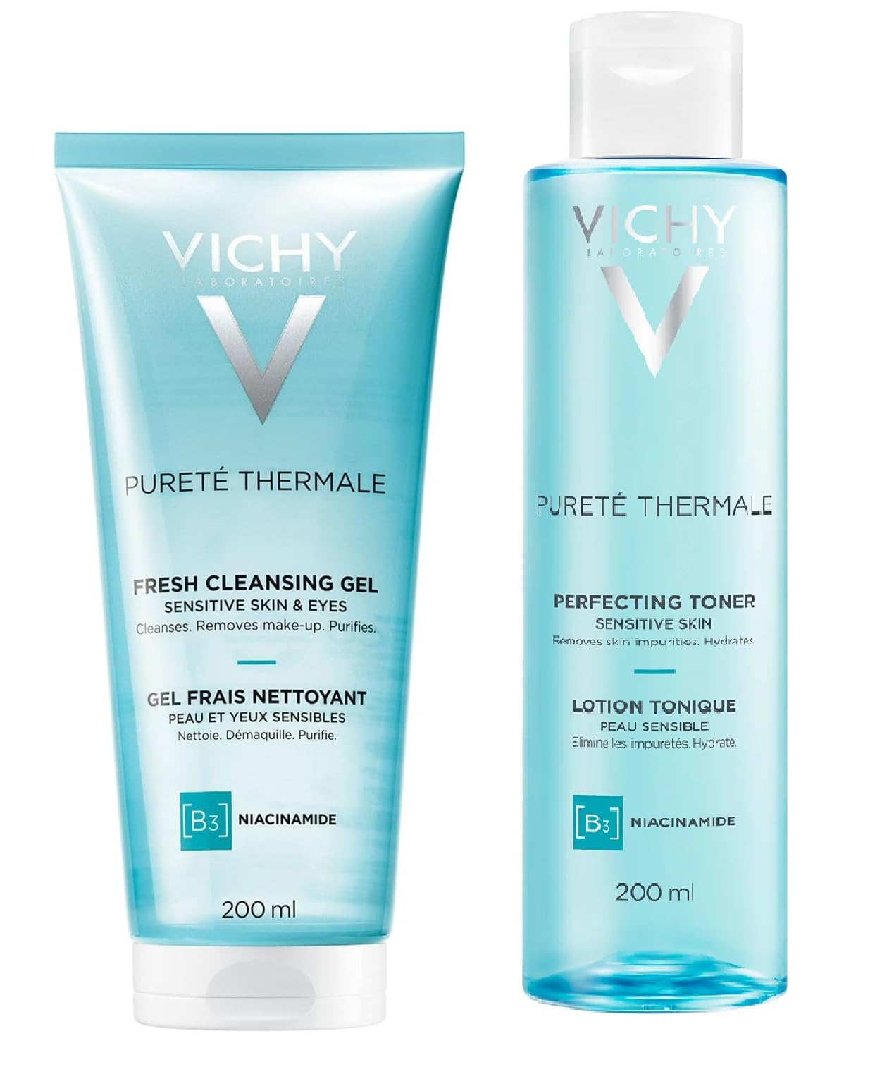 Vichy Cleansing & Toning Duo – Entfernt sanft Make-up & Unreinheiten – erfrischt und strafft die Haut – Pureté Thermale Gel + Toner je 200 ml