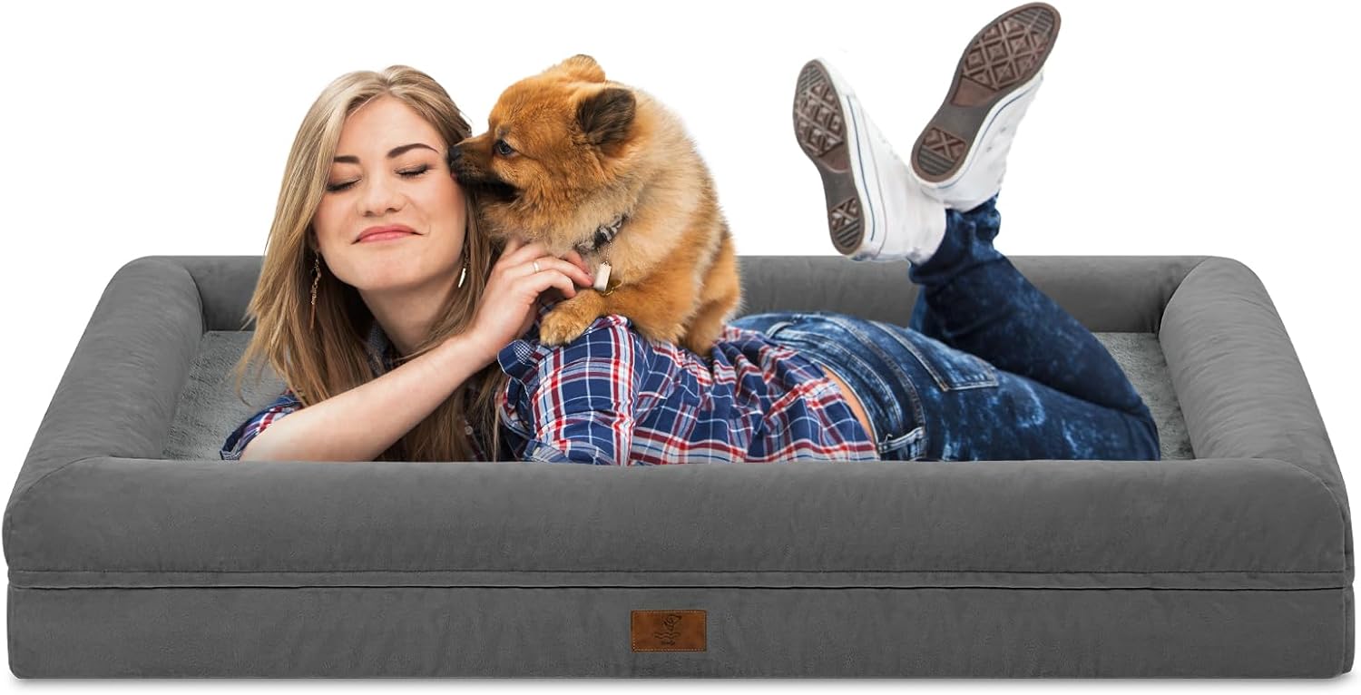 Jumbo Dog Bed for Extra Large Dogs, Washable Orthopedic Dog Bed with 4-Sides Removable Bolster, Waterproof Non-Slip Egg-Crate Foam Pet Couch Sofa, Dark Grey 53"L x 42"W x 7"Th Dark Grey