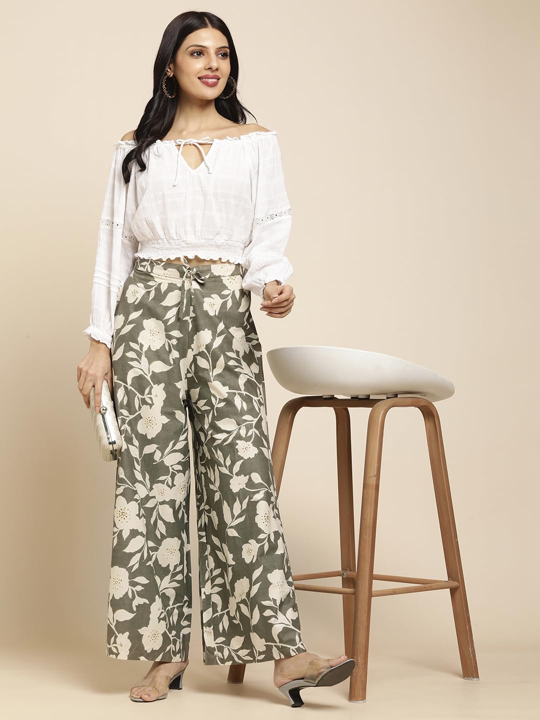 RATAN Women's Cotton Printed Loose Fit Flared Wide Leg Mid Rise Palazzo Pants (CFP-Brown-3X-Large) - Image 2 thumbnail