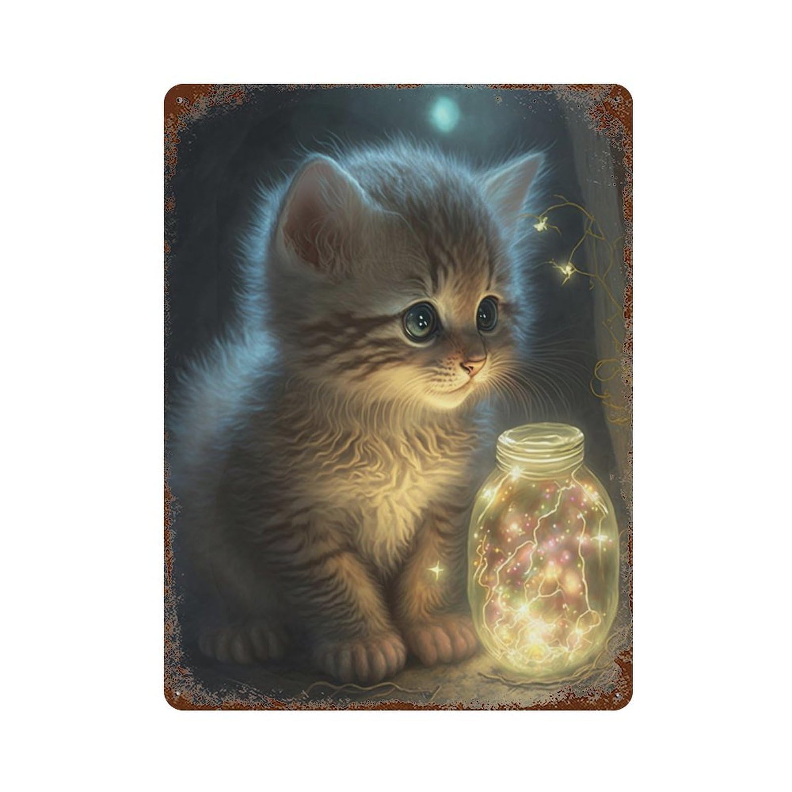 Magical Kitten with Glowing Jar Aged Metal Wall Plaque 15.7"x11.8", Industrial Home Decor for Garage, Pub Or Kitchen