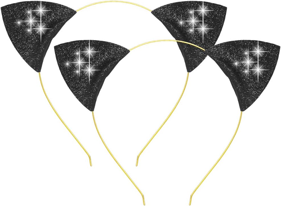 Wizdar Cat Ears Headband Glitter Catwoman Kitty Ear Headbands for Kids Women Girl Costume Christmas Cosplay Party Daily Wearing, 2 Pack-Black