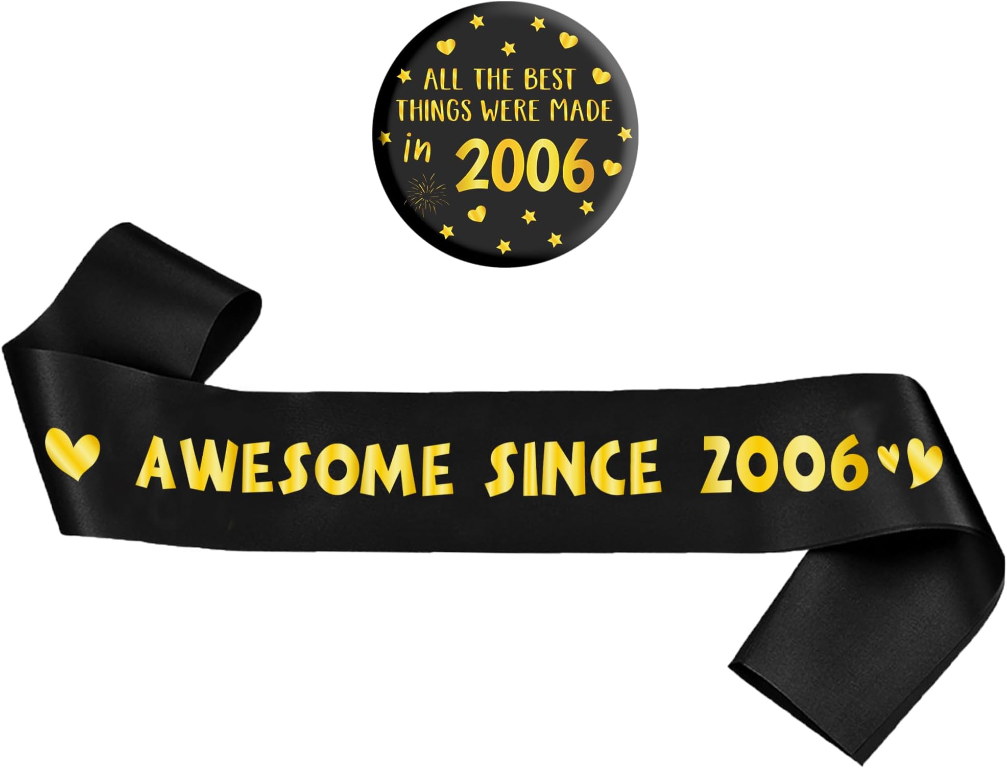 20th Birthday Decorations Sash Set - Black and Gold Awesome Since 2006 Sash with Button Badge, Happy 20 Years Old Birthday Party Decoration for Fabulous Boys