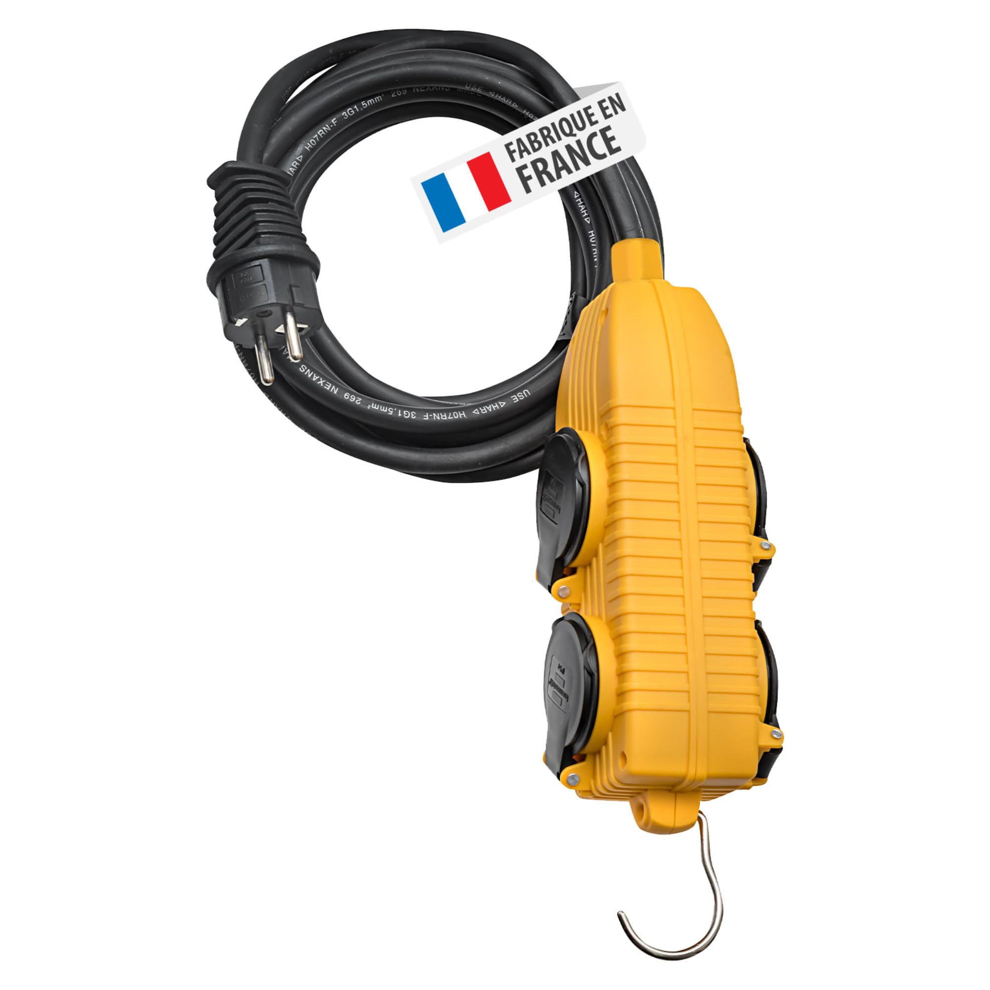 Brennenstuhl Rallonge 5m de câble avec Bloc 4 Prises à clapet (IP44), Fabrication Française 1151731 Jaune, 5 m