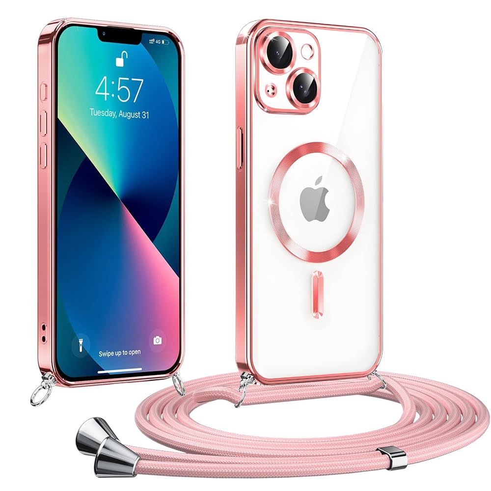 CaseLover Etui magnetyczne do iPhone 15, kompatybilne z MagSafe, przezroczyste, silikonowe, ze zdejmowanym sznurkiem, do zawieszenia, odporne na uderzenia, różowe złoto