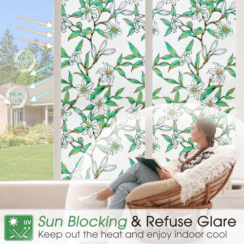 Image of Coavas Static Cling Privacy Window Film, 96% UV & Heat Blocking, Stained Glass Window Film Floral Design, Non-Adhesive, for Bathroom, Front Door, Shower Enclosure (Frosted, 17.5 inch X 78.7 inch)
