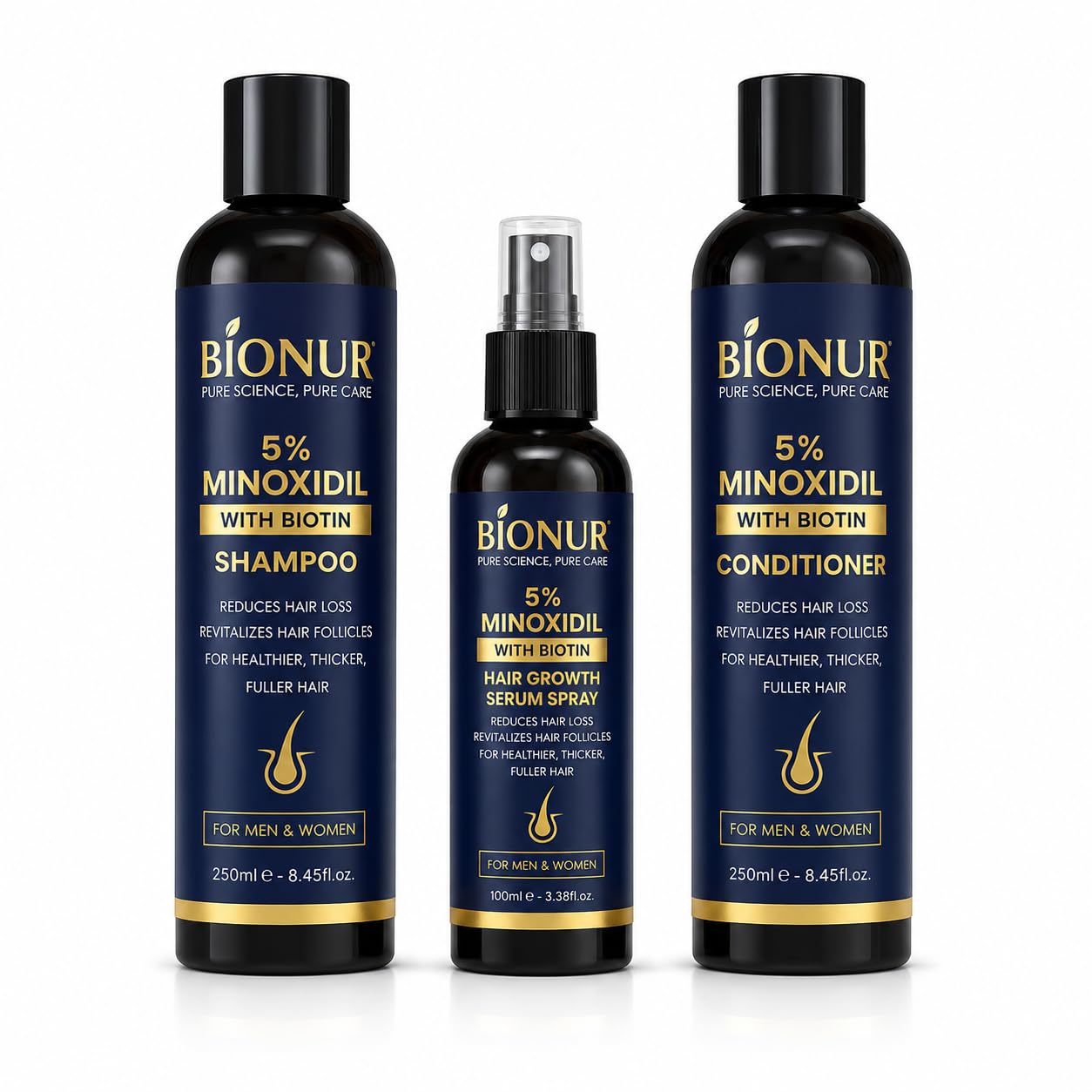 Hair Care Set for Men & Women – Shampoo 250ml + Conditioner 250ml + Serum Spray 100ml – Supports Hair Thickening & Hair Growth – Scalp Nourishing Formula