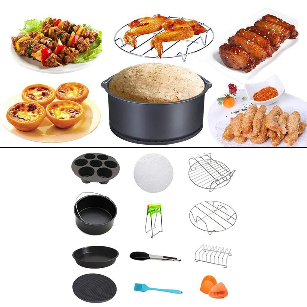 Ensemble d'accessoires essentiels pour friteuse à air chaud (12 pièces) : moule à pizza de 18 cm, pinces, tapis en silicone, ustensiles de cuisson,