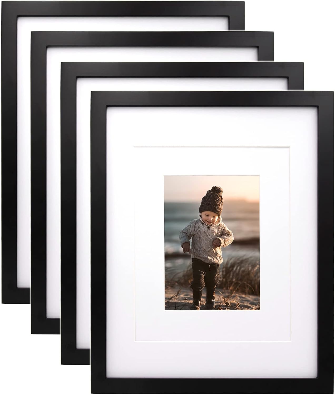 KINLINK 11x14 Picture Frames Black, Wood Frames with Acrylic Plexiglass for Pictures 5x7/8x10 with Mat or 11x14 without Mat, Tabletop and Wall Mounting Display, Set of 4 Black 11x14