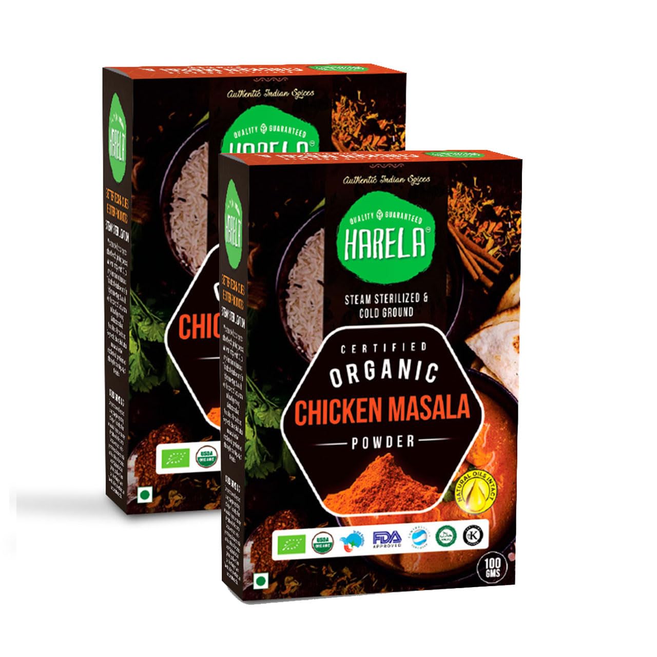 Harela Certified Organic Chicken Masala Powder for Daily Cooking with Natural Oils | No Additives or Harmful Chemicals | Cold-Pressed & Steam Sterilised | Aromatic & Flavourful (Pack-2)