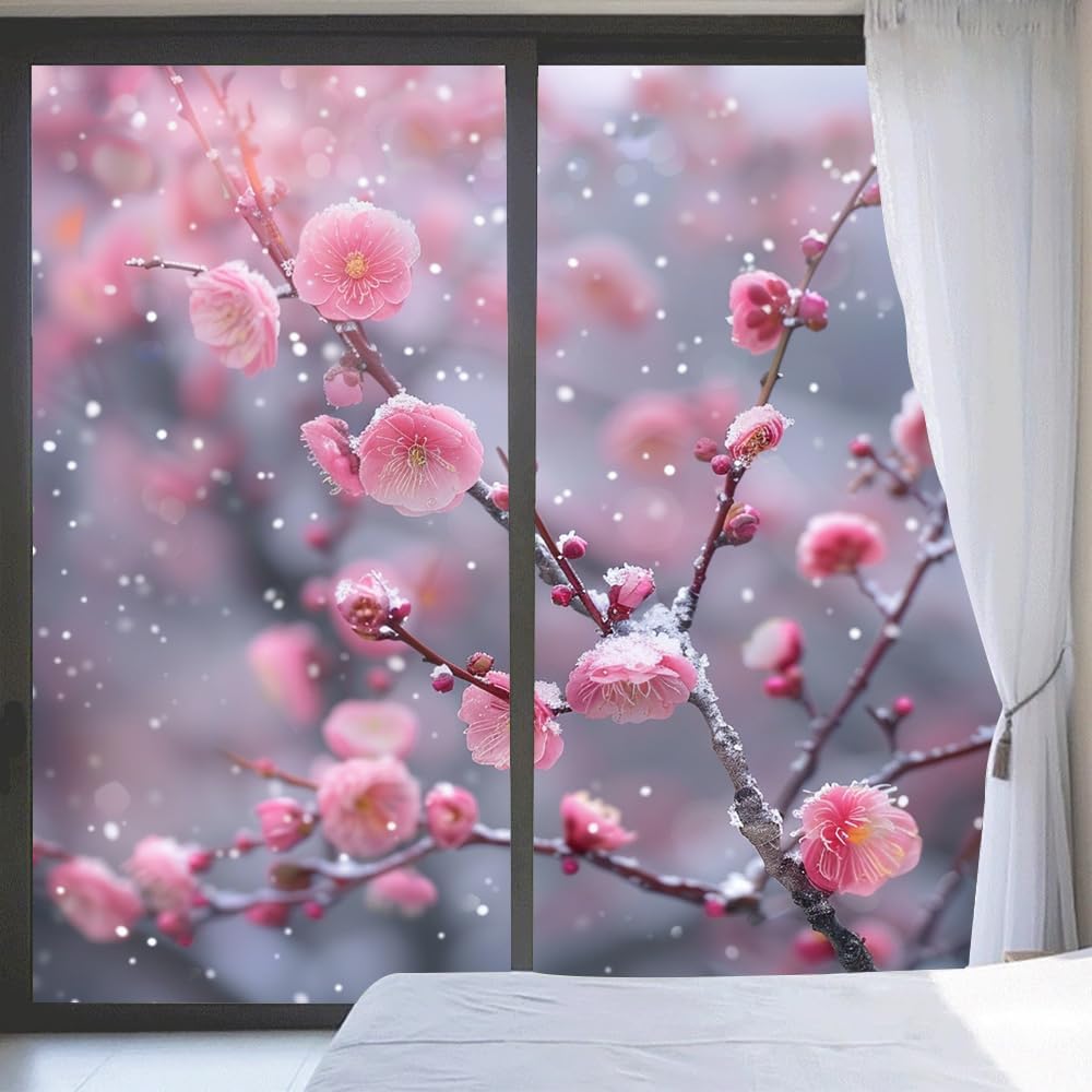 Beautiful Plum Blossom Frosted Window Film, Natural Winter Modern Pink Flower Tree Stained Glass Privacy Film Windows, Heat Insulation Self-Adhesive Vinyl Bathroom Office, 35.4Wx63L inch x2 Pcs