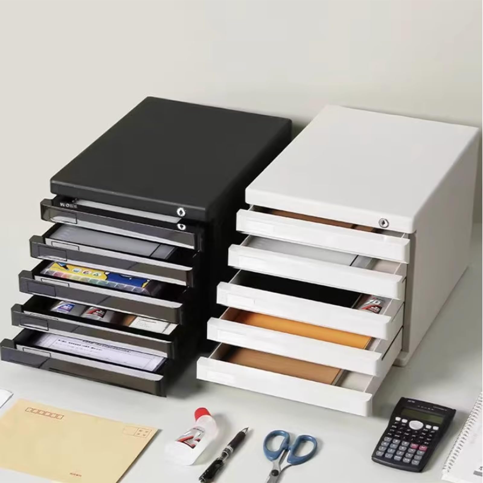 Archivador Con Cerradura Para Tarjetas De Índice - Organizador De Escritorio 5 Cajones Para Archivos Tamaño Tarjetas Material Oficina Bolígrafos Lectura Ahorra Espacio(Grigio)