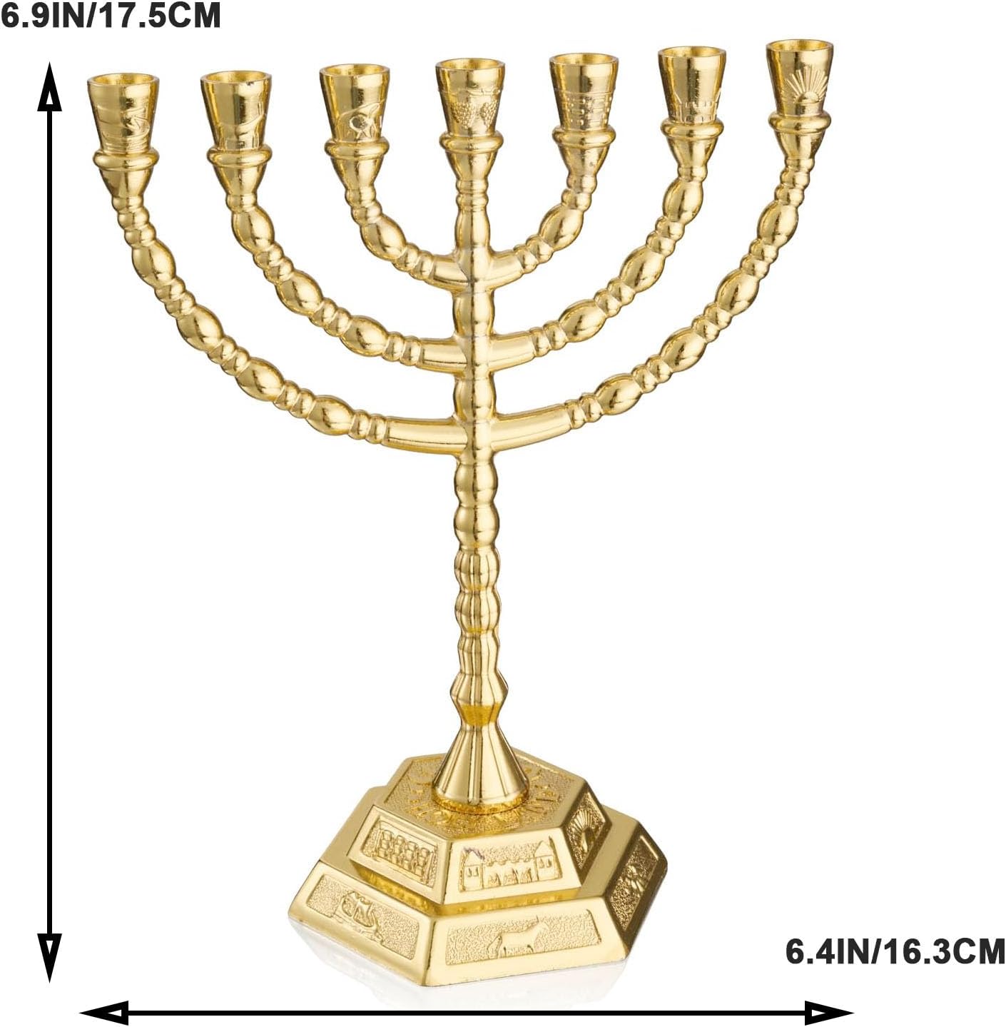 Large Menorah 7 Branch Hanukkah Menorah Candle Holder - Gold Plated Jewish Menorahs 7 Arm Candlestick Holder - Chanukah Candle Holders Shabbat -6.9IN