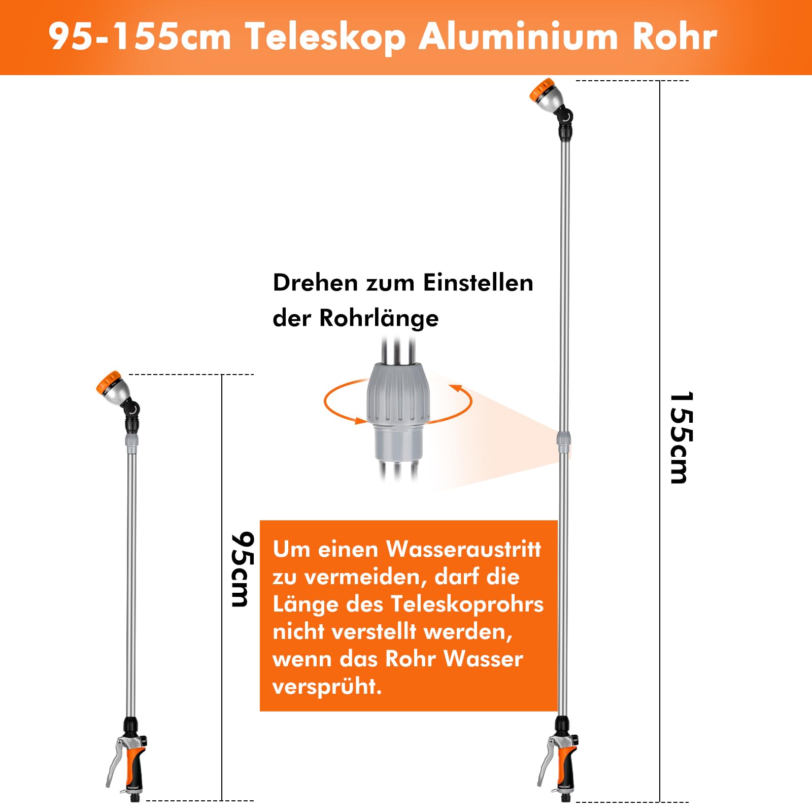 RESTMO Langer Teleskop Gießstab 92-152 cm, Lang Gartenbrause Metall mit 180° schwenkbaren Kopf, 7 Sprühmustern, Durchflusskontrolle, Bewässerung Zauberstab zum Blumenampeln und Sträucher, Orange