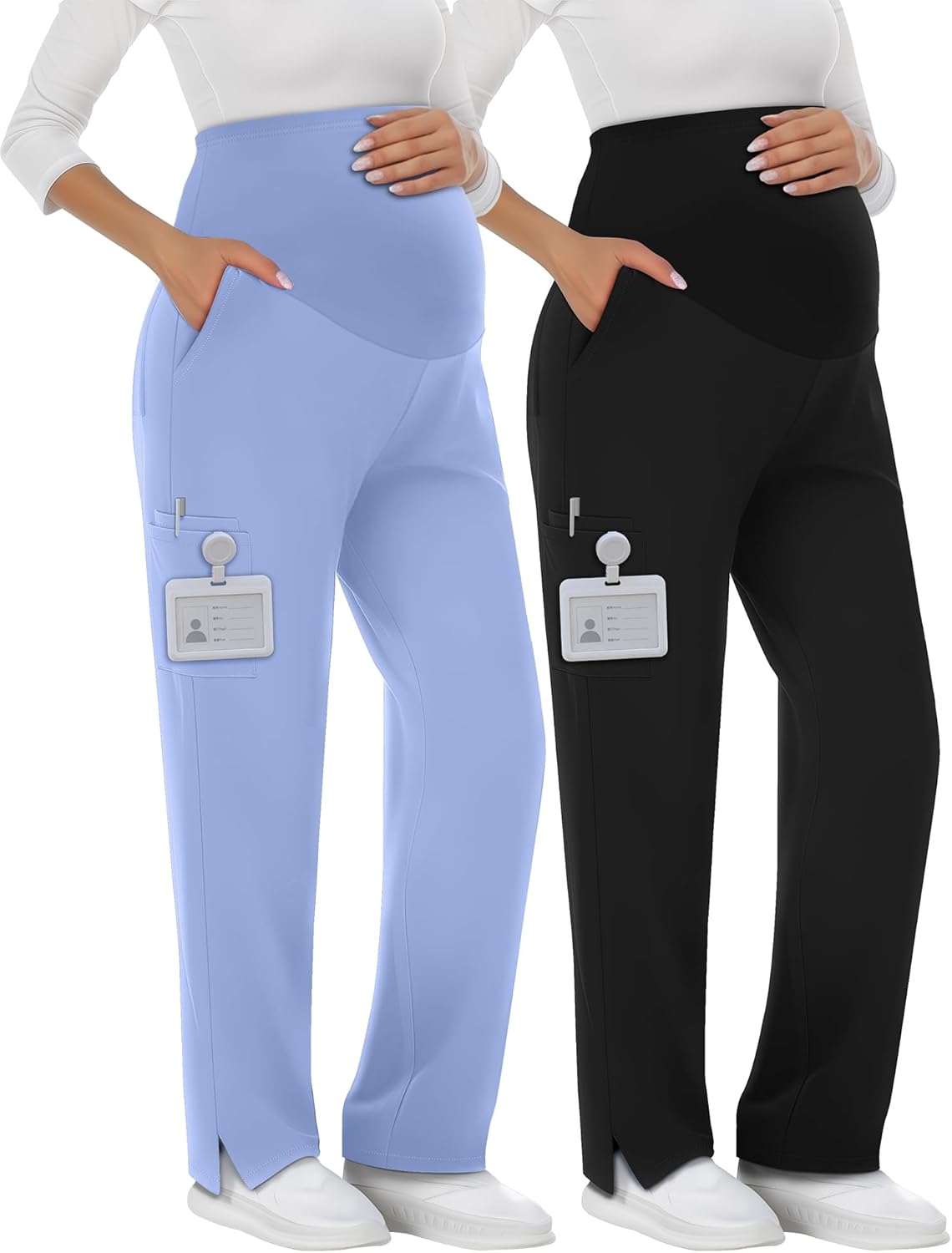 2 Pack Women's Maternity Scrubs Pants with 6 Pockets Pregnancy Workwear Stretchy Straight Leg Cargo Trousers