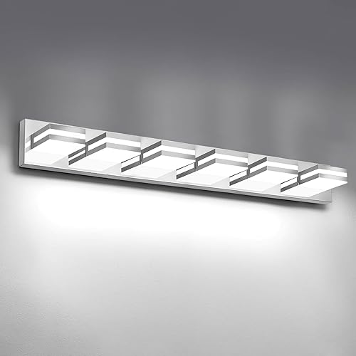 Miniatura 30 de IZORRO Lámparas de baño LED modernas (5 luces, regulables), iluminación de pared de acrílico cromado, luces de tocador para baño sobre espejo -