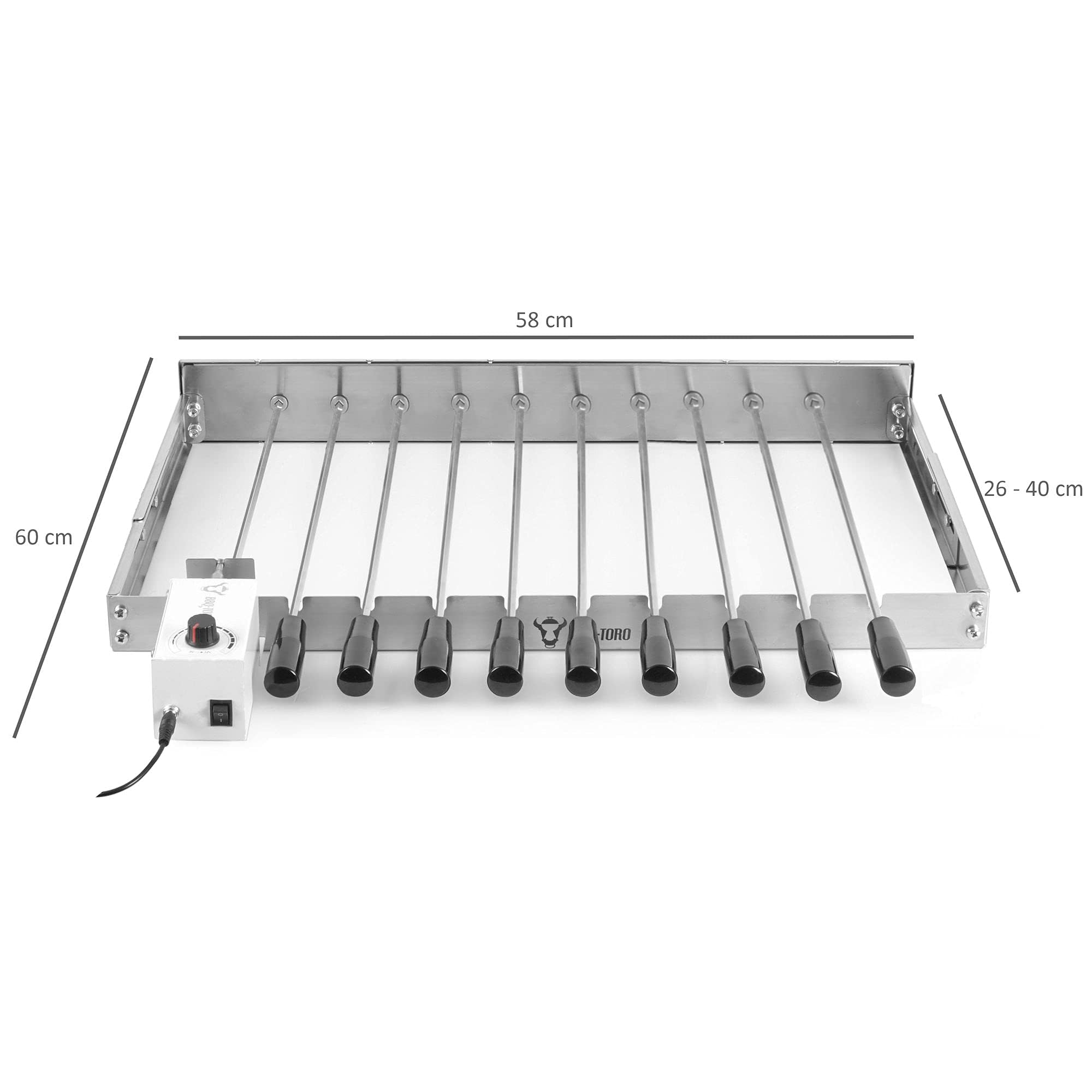 BBQ-Toro Girarrosto elettrico in acciaio inox con 10 spiedi e motore | Dimensioni regolabili (Larg.) 58 x (P) 26-40 cm | con spina per la corrente e USB